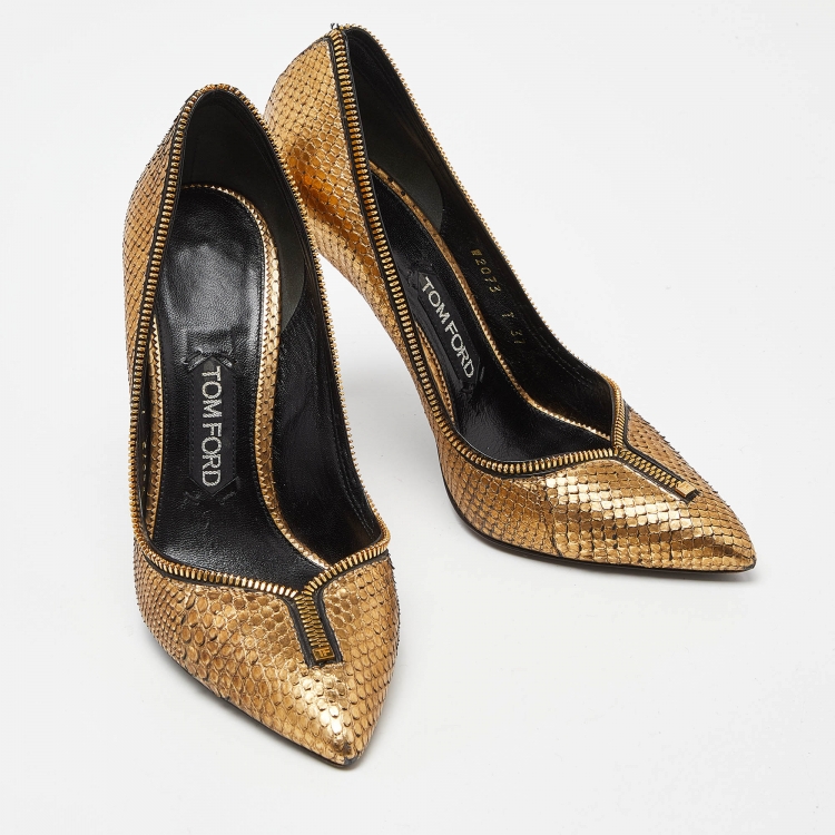 Pre Owned Tom Ford Gold Python Zipper Detail Pumps Size 37