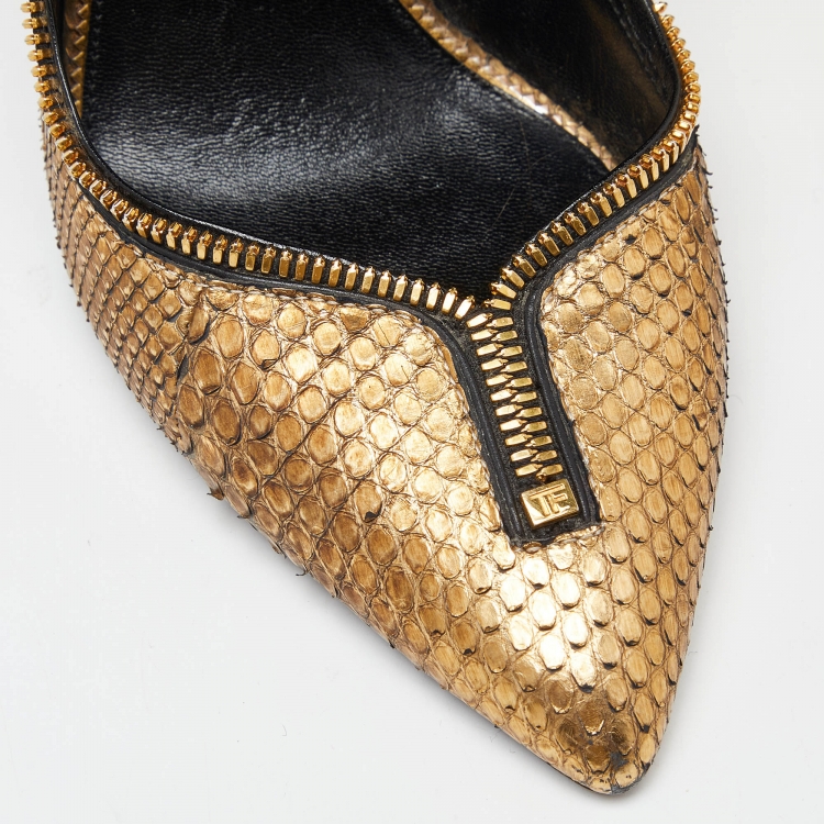 Pre Owned Tom Ford Gold Python Zipper Detail Pumps Size 37