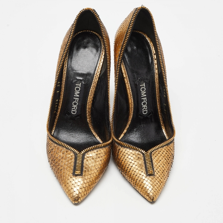 Pre Owned Tom Ford Gold Python Zipper Detail Pumps Size 37