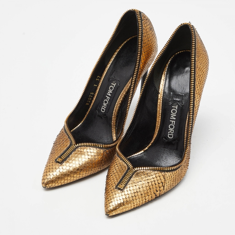 Pre Owned Tom Ford Gold Python Zipper Detail Pumps Size 37