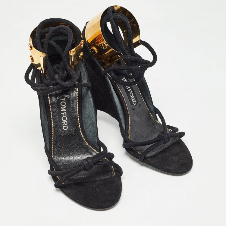 Pre Owned Tom Ford Black  Suede Ankle Wrap Wedge Sandals Size 39