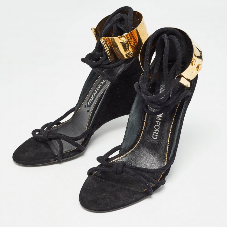 Pre Owned Tom Ford Black  Suede Ankle Wrap Wedge Sandals Size 39