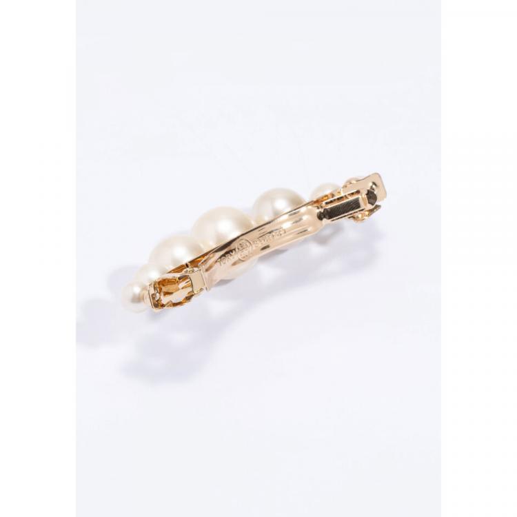 Pre Owned Tory Burch Gold Logo Pearl Hair Clip