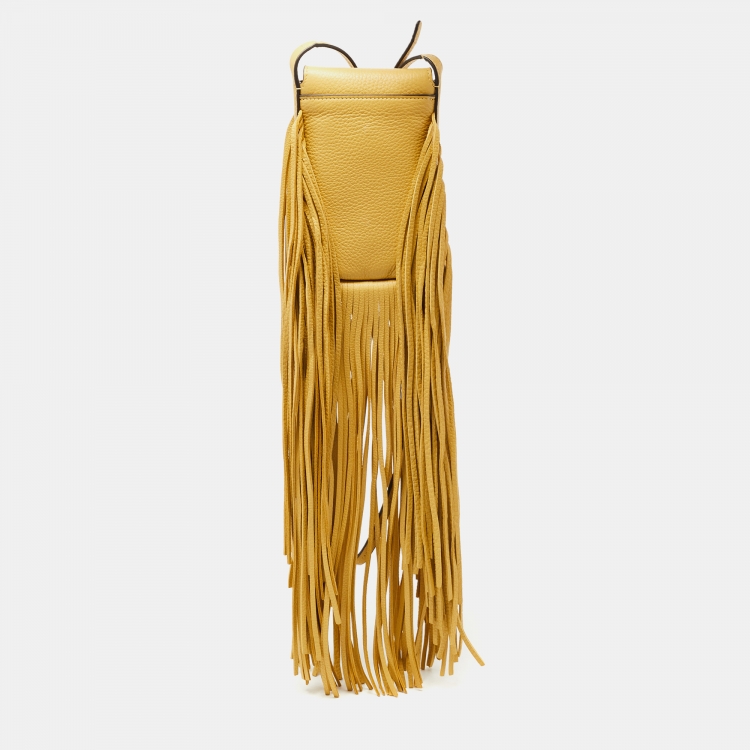 Pre Owned Tory Burch Light Yellow Leather Miller Fringe Phone Crossbody Bag