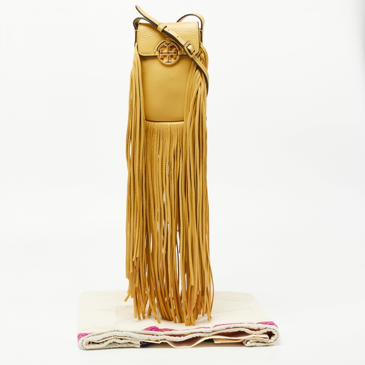 Pre Owned Tory Burch Light Yellow Leather Miller Fringe Phone Crossbody Bag