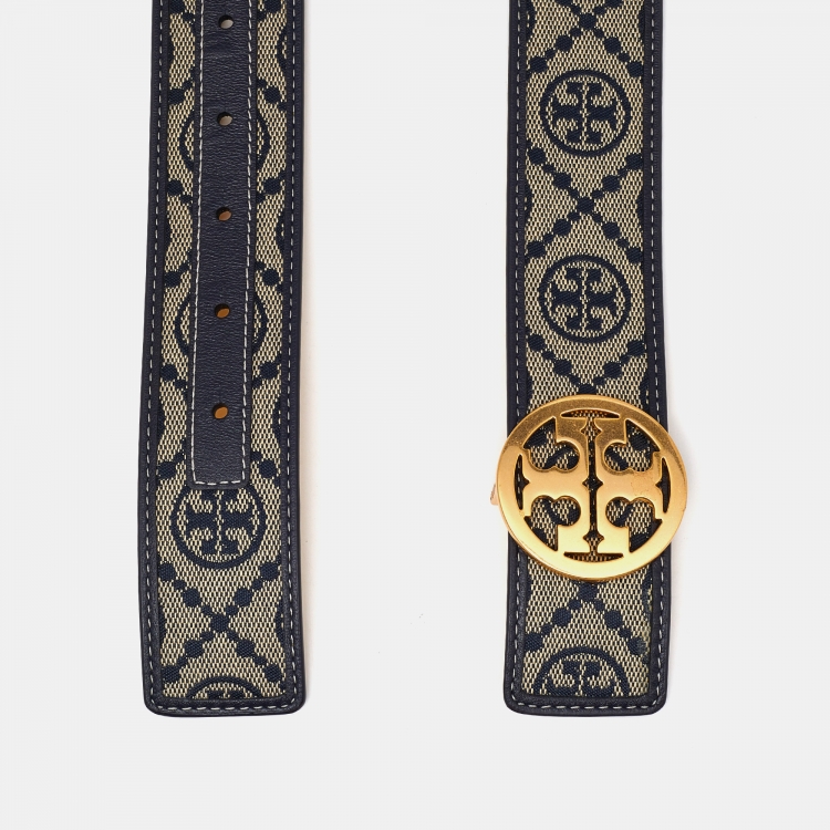 Pre Owned Tory Burch Beige/Blue Embossed Logo Leather Small Logo Belt 80CM