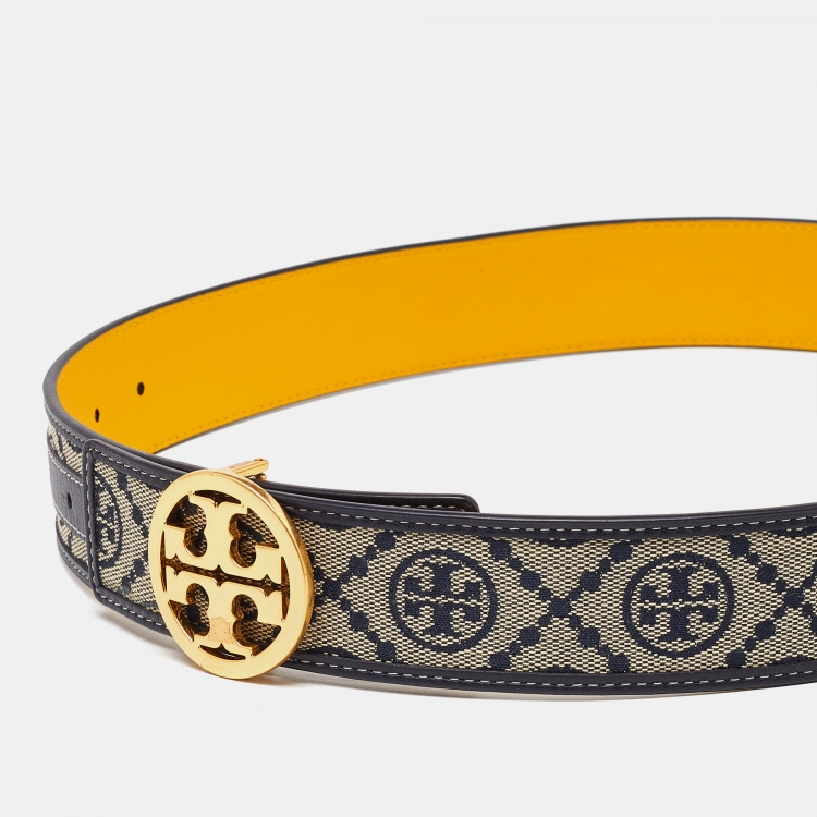 Pre Owned Tory Burch Beige/Blue Embossed Logo Leather Small Logo Belt 80CM