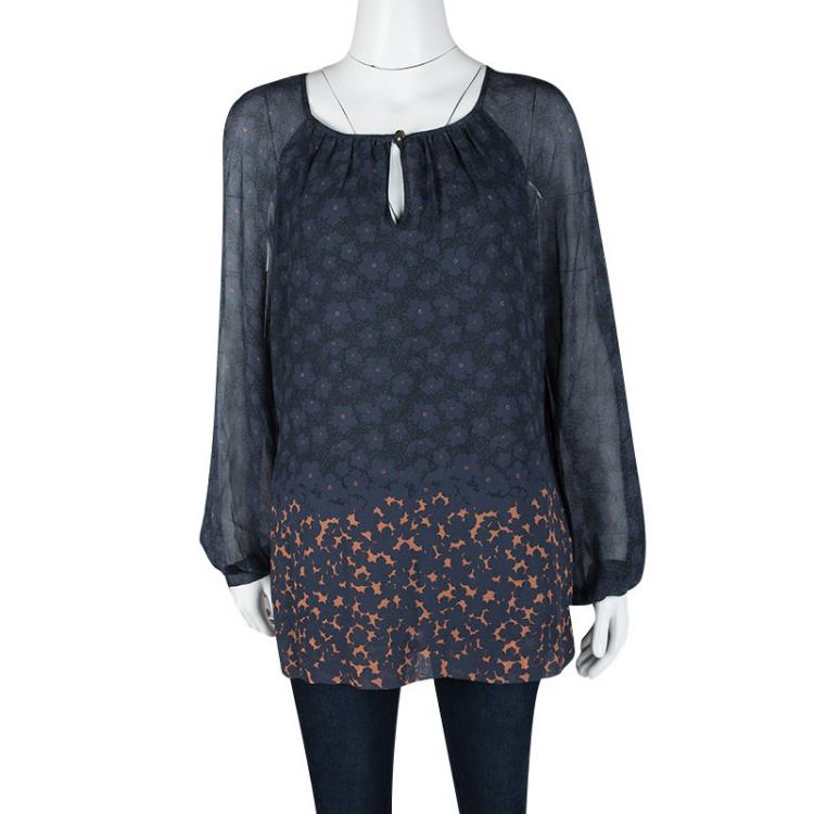 Pre Owned Tory Burch Timberwolf Blue Printed Silk Long Sleeve Fairmont Border Lisa Blouse M