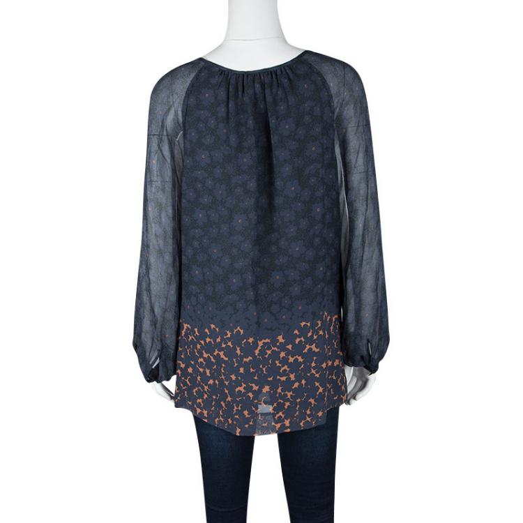 Pre Owned Tory Burch Timberwolf Blue Printed Silk Long Sleeve Fairmont Border Lisa Blouse M
