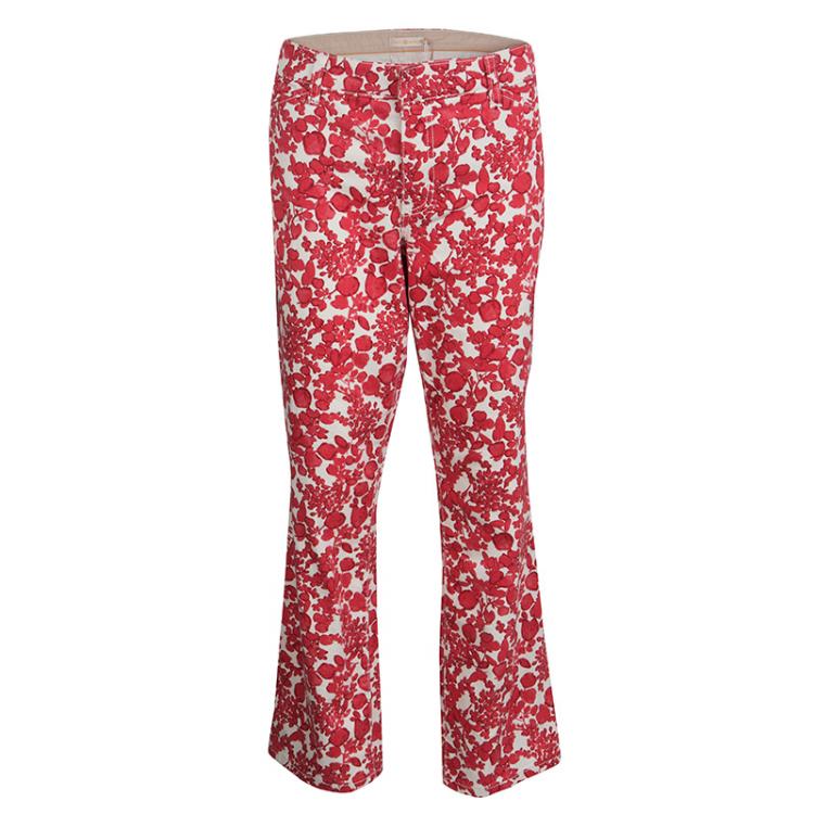 Tory Burch Red Floral Printed Denim Laurel Cropped Straight Leg Jeans L ...
