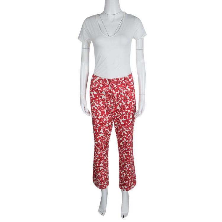 Pre Owned Tory Burch Red Floral Printed Denim Laurel Cropped Straight Leg Jeans L