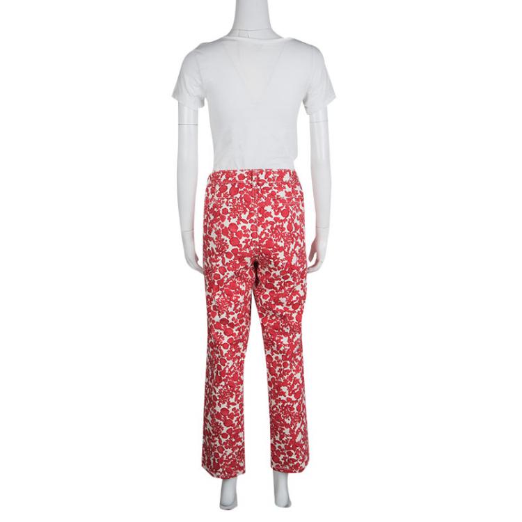 Pre Owned Tory Burch Red Floral Printed Denim Laurel Cropped Straight Leg Jeans L