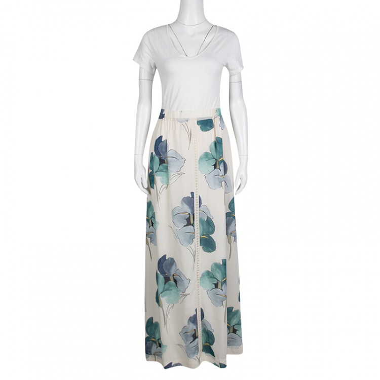 Pre Owned Tory Burch Off White Blooming Iris Printed Silk Kendra Maxi Skirt M
