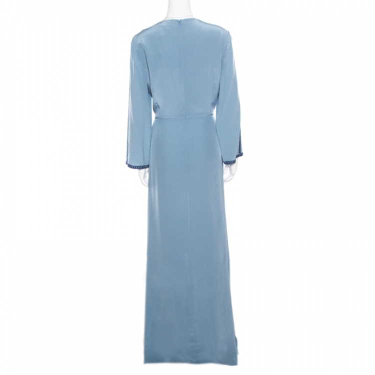 Pre Owned Tory Burch Rainfall Blue Embroidered Crepe Silk Kaftan Maxi Dress XL