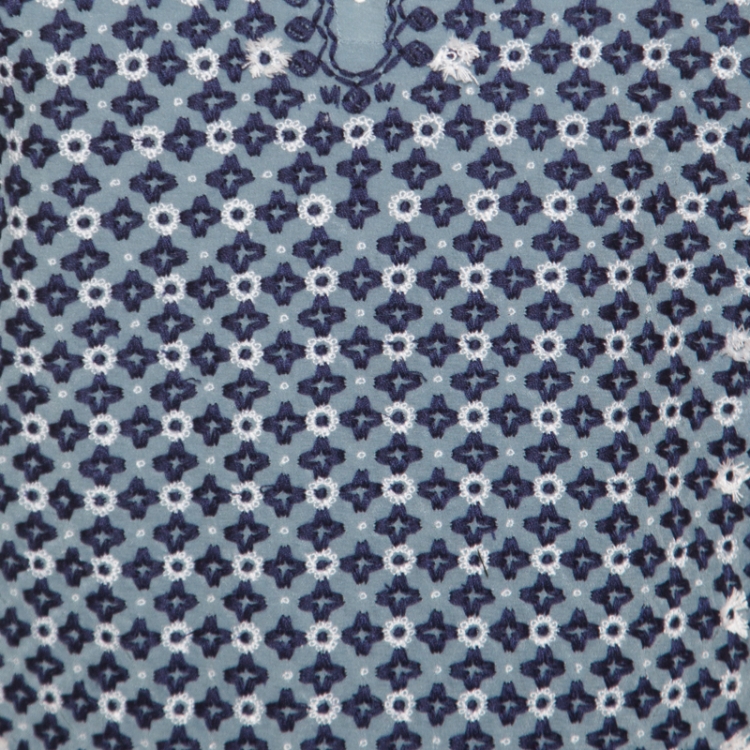 Pre Owned Tory Burch Rainfall Blue Embroidered Crepe Silk Kaftan Maxi Dress XL