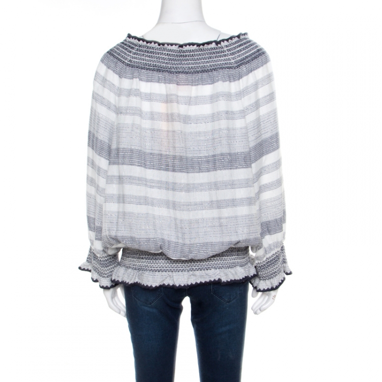 Pre Owned Tory Burch Blue Slubbed Linen Blend Kristen Top XL
