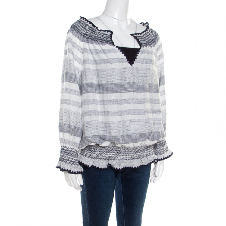 Pre Owned Tory Burch Blue Slubbed Linen Blend Kristen Top XL