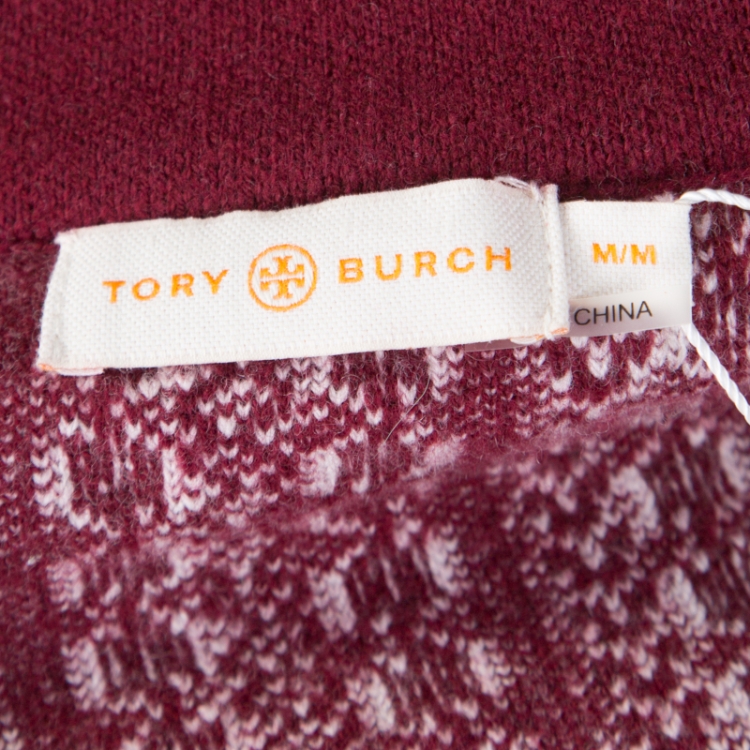 Pre Owned Tory Burch Red and White Patterned Jacquard Merino Wool Long Cardigan M