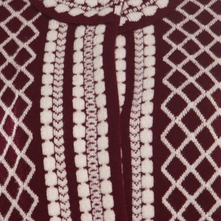 Pre Owned Tory Burch Red and White Patterned Jacquard Merino Wool Long Cardigan M