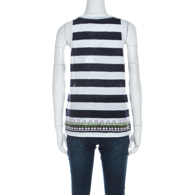 Pre Owned Tory Burch Navy Blue Brushed Stripe Linen Sequined Jackie Tank Top M