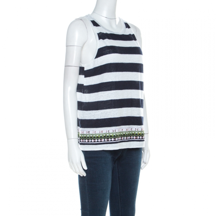 Pre Owned Tory Burch Navy Blue Brushed Stripe Linen Sequined Jackie Tank Top M