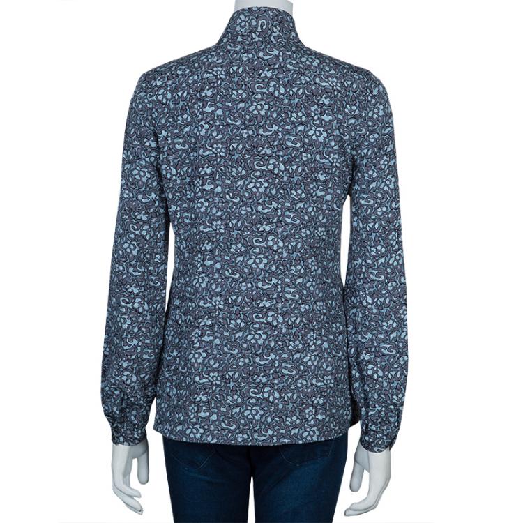 Pre Owned Tory Burch Blue Floral Printed Silk Long Sleeve Nicki Bow Blouse S