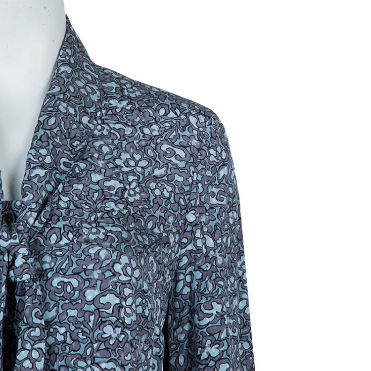 Pre Owned Tory Burch Blue Floral Printed Silk Long Sleeve Nicki Bow Blouse S