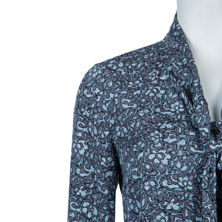 Pre Owned Tory Burch Blue Floral Printed Silk Long Sleeve Nicki Bow Blouse S