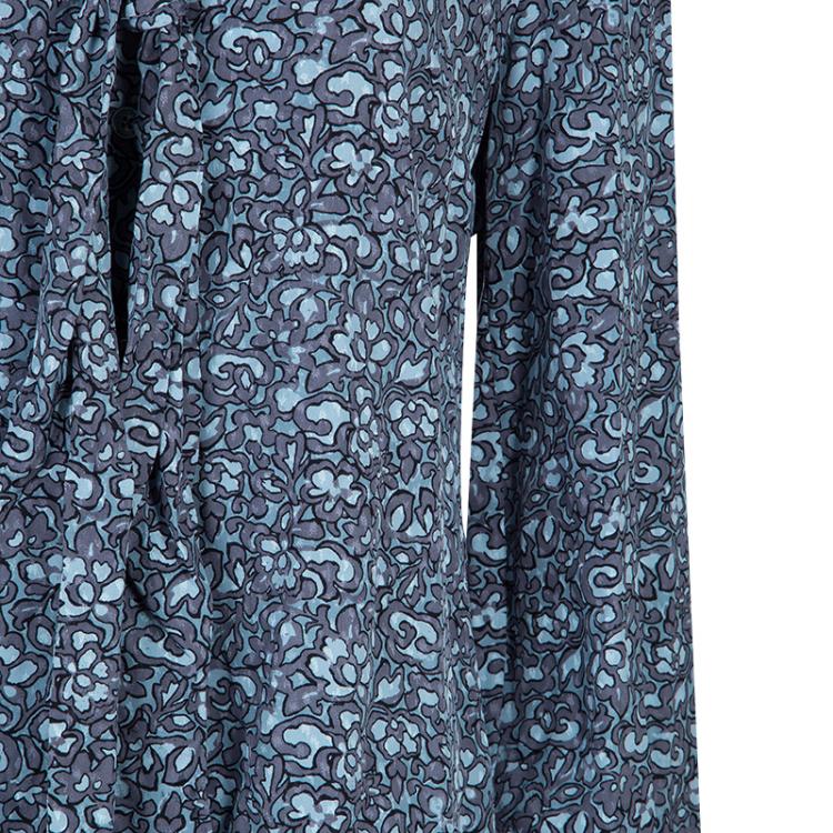 Pre Owned Tory Burch Blue Floral Printed Silk Long Sleeve Nicki Bow Blouse S