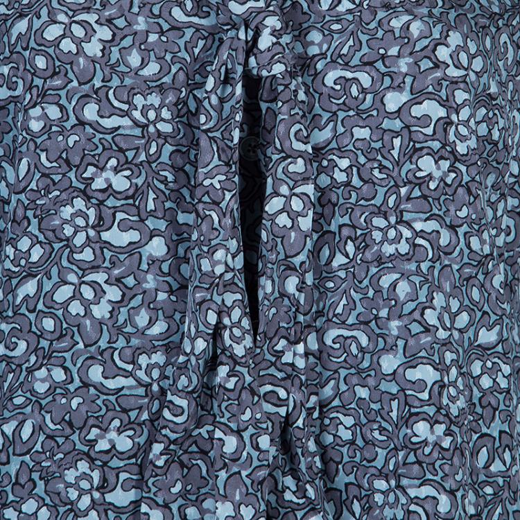 Pre Owned Tory Burch Blue Floral Printed Silk Long Sleeve Nicki Bow Blouse S