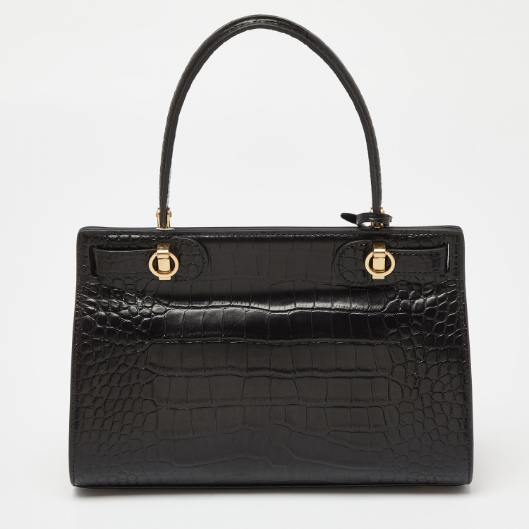 Pre Owned Tory Burch Black Croc Embossed Leather and Suede Small Lee Radziwill Bag