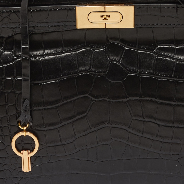 Pre Owned Tory Burch Black Croc Embossed Leather and Suede Small Lee Radziwill Bag