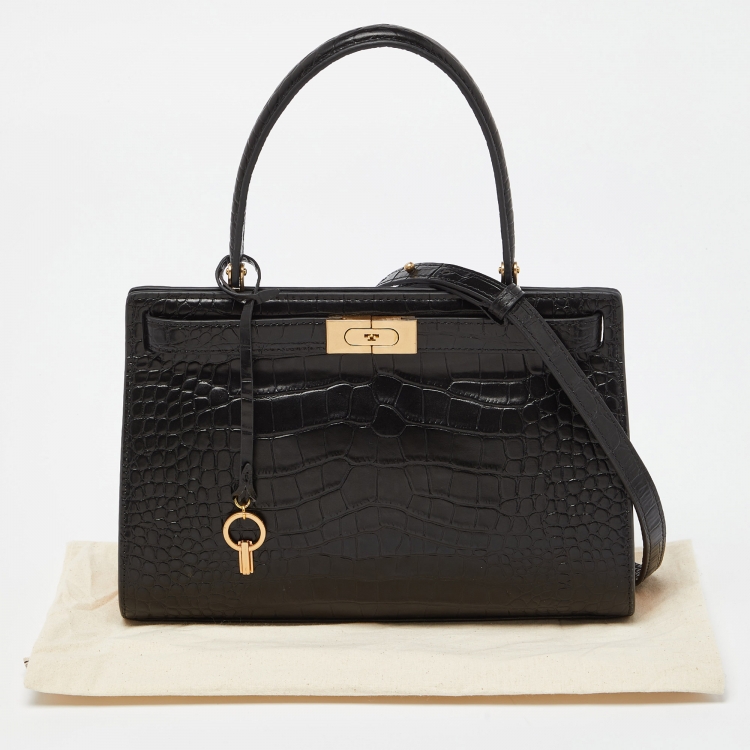Pre Owned Tory Burch Black Croc Embossed Leather and Suede Small Lee Radziwill Bag