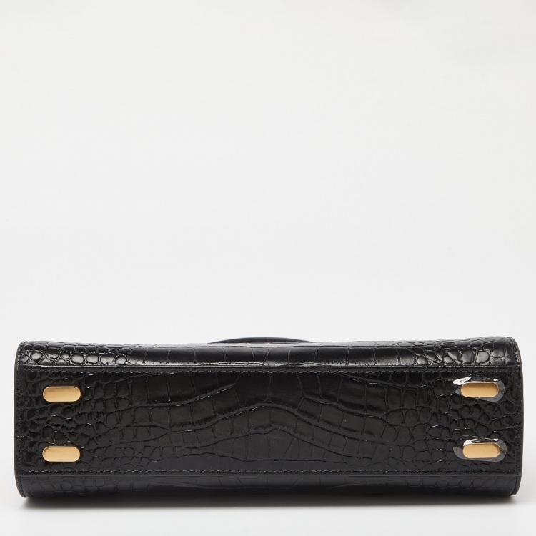 Pre Owned Tory Burch Black Croc Embossed Leather and Suede Small Lee Radziwill Bag