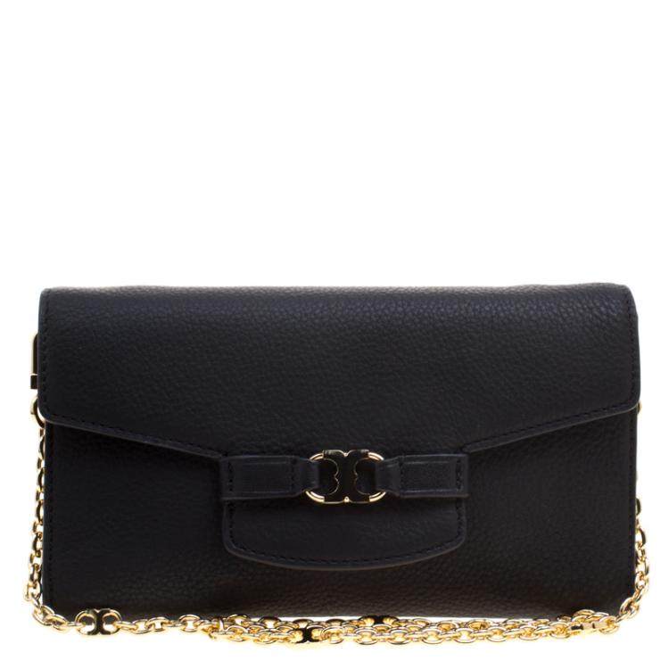 Pre Owned Tory Burch Black Leather Gemini Link Chain Clutch