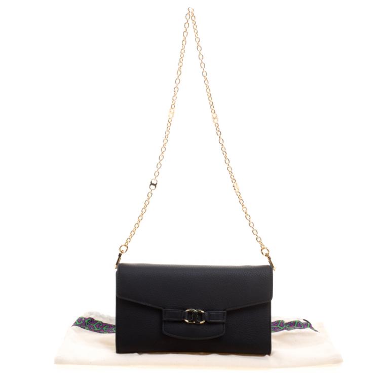 Pre Owned Tory Burch Black Leather Gemini Link Chain Clutch