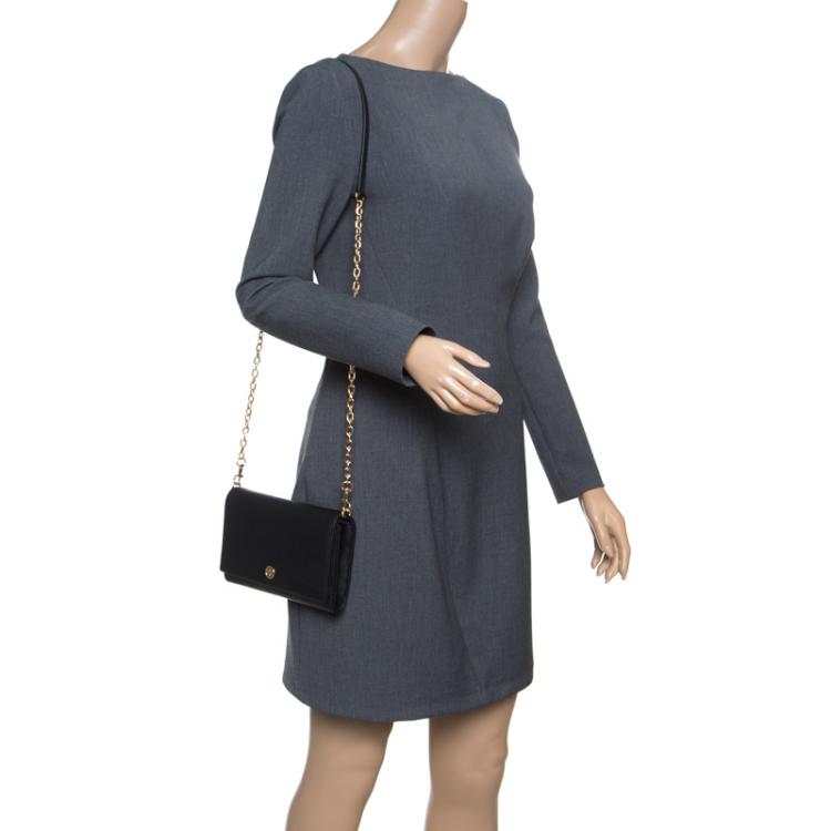 Pre Owned Tory Burch Black Leather Robinson Chain Clutch