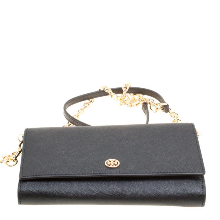 Pre Owned Tory Burch Black Leather Robinson Chain Clutch