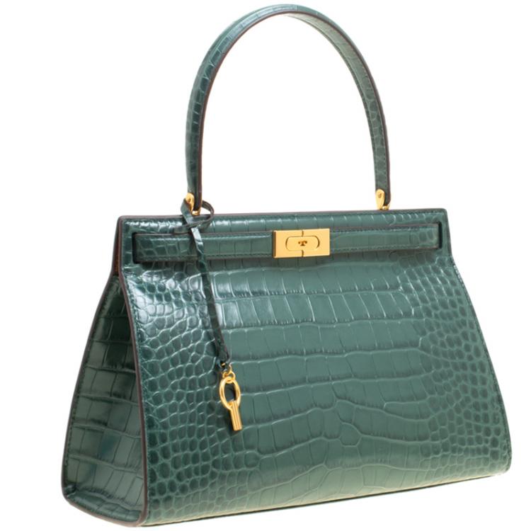 Pre Owned Tory Burch Green Croc Embossed Leather Lee Radziwill Satchel