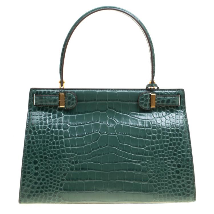 Pre Owned Tory Burch Green Croc Embossed Leather Lee Radziwill Satchel