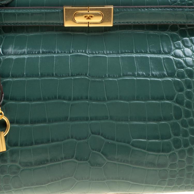 Pre Owned Tory Burch Green Croc Embossed Leather Lee Radziwill Satchel