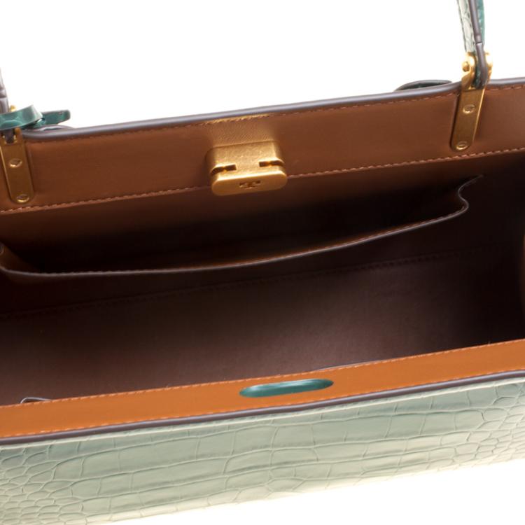 Pre Owned Tory Burch Green Croc Embossed Leather Lee Radziwill Satchel