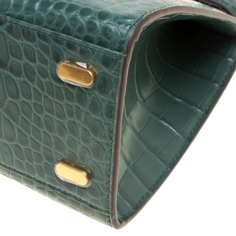 Pre Owned Tory Burch Green Croc Embossed Leather Lee Radziwill Satchel