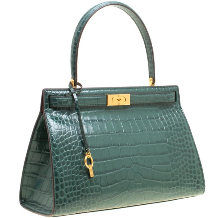 Pre Owned Tory Burch Green Croc Embossed Leather Lee Radziwill Satchel