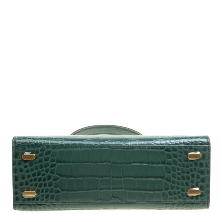 Pre Owned Tory Burch Green Croc Embossed Leather Lee Radziwill Satchel