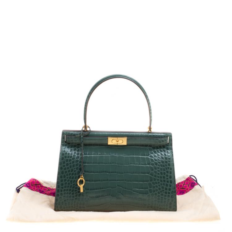 Pre Owned Tory Burch Green Croc Embossed Leather Lee Radziwill Satchel