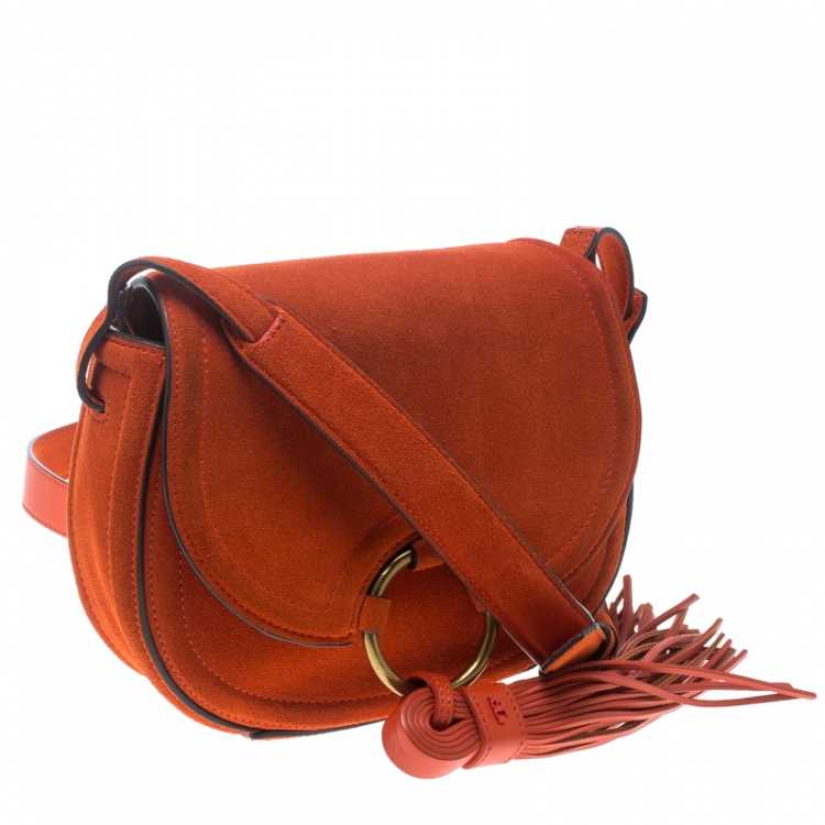 Pre Owned Tory Burch Orange Suede Mini Tassle Saddle Bag