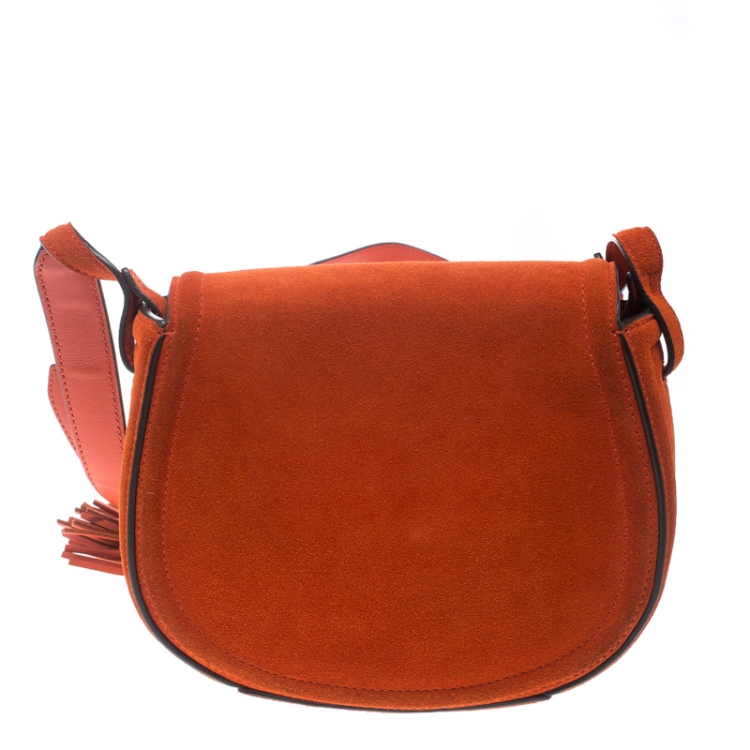 Pre Owned Tory Burch Orange Suede Mini Tassle Saddle Bag