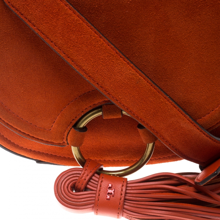 Pre Owned Tory Burch Orange Suede Mini Tassle Saddle Bag