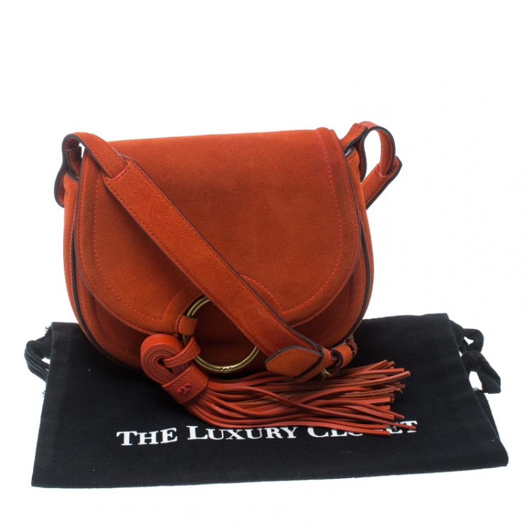 Pre Owned Tory Burch Orange Suede Mini Tassle Saddle Bag